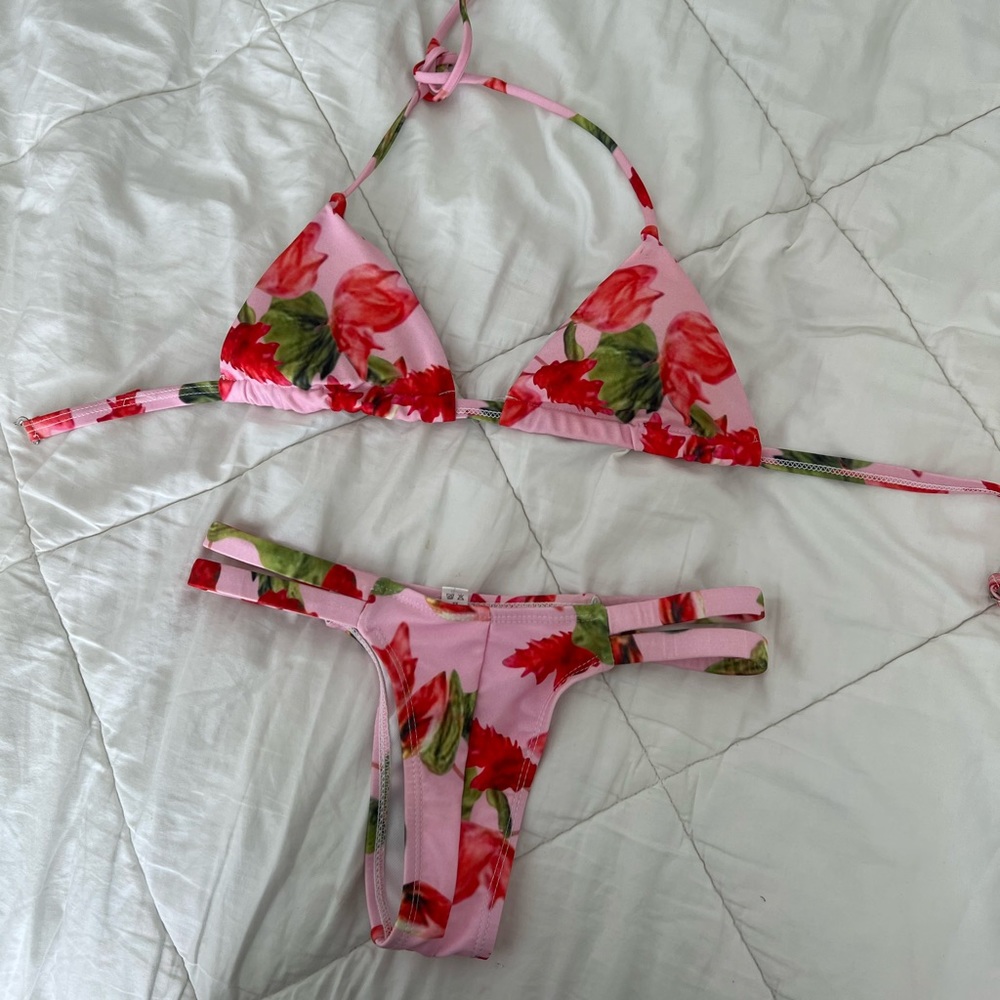 Pink rose bikini triangle set. Halter double strap bottoms. Cute and girly.